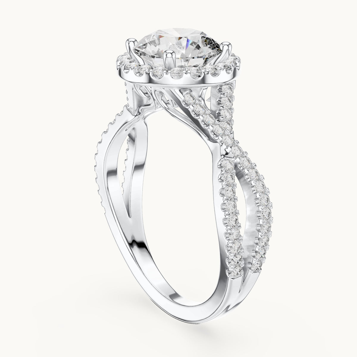 Round lab-grown diamond twisted split shank halo engagement ring in white gold, 1.98 CT TW, view 1