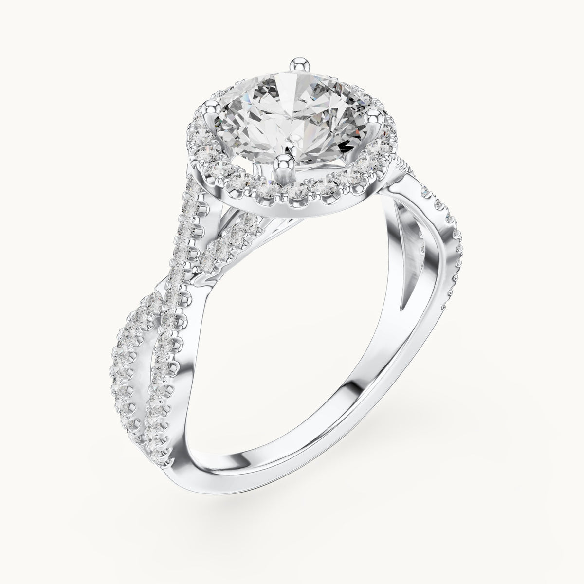 Round lab-grown diamond twisted split shank halo engagement ring in white gold, 1.98 CT TW, view 2