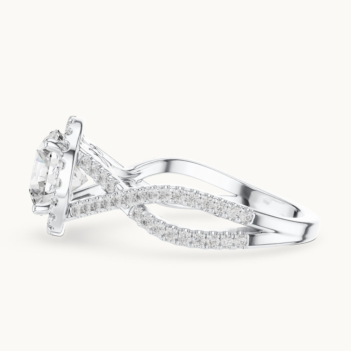 Round lab-grown diamond twisted split shank halo engagement ring in white gold, 1.98 CT TW, view 3