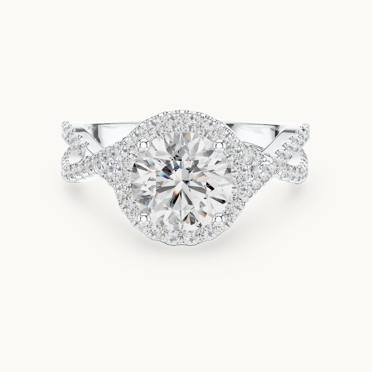 Round lab-grown diamond twisted split shank halo engagement ring in white gold, 1.98 CT TW, view 4