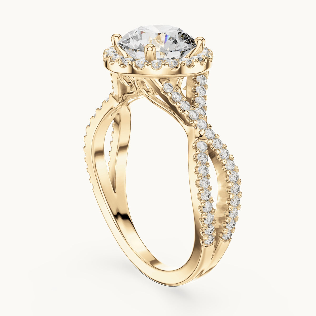 Round lab-grown diamond twisted split shank halo engagement ring in yellow gold, 1.98 CT TW, view 1