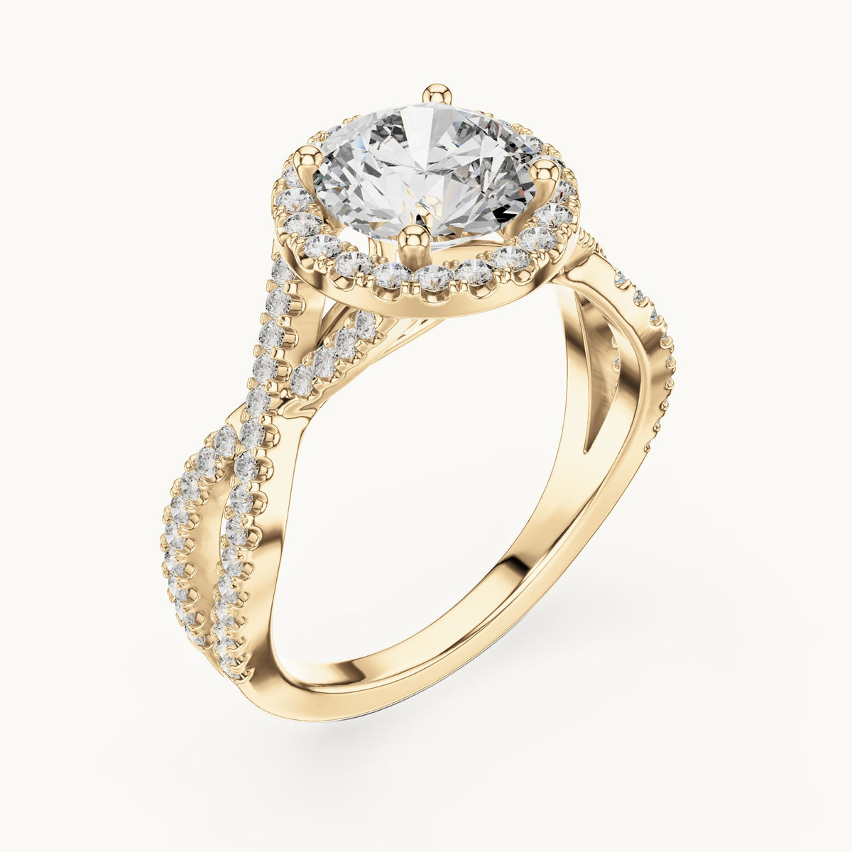 Round lab-grown diamond twisted split shank halo engagement ring in yellow gold, 1.98 CT TW, view 2
