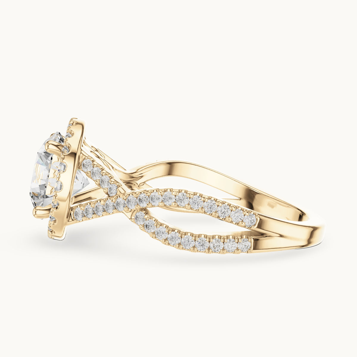 Round lab-grown diamond twisted split shank halo engagement ring in yellow gold, 1.98 CT TW, view 3