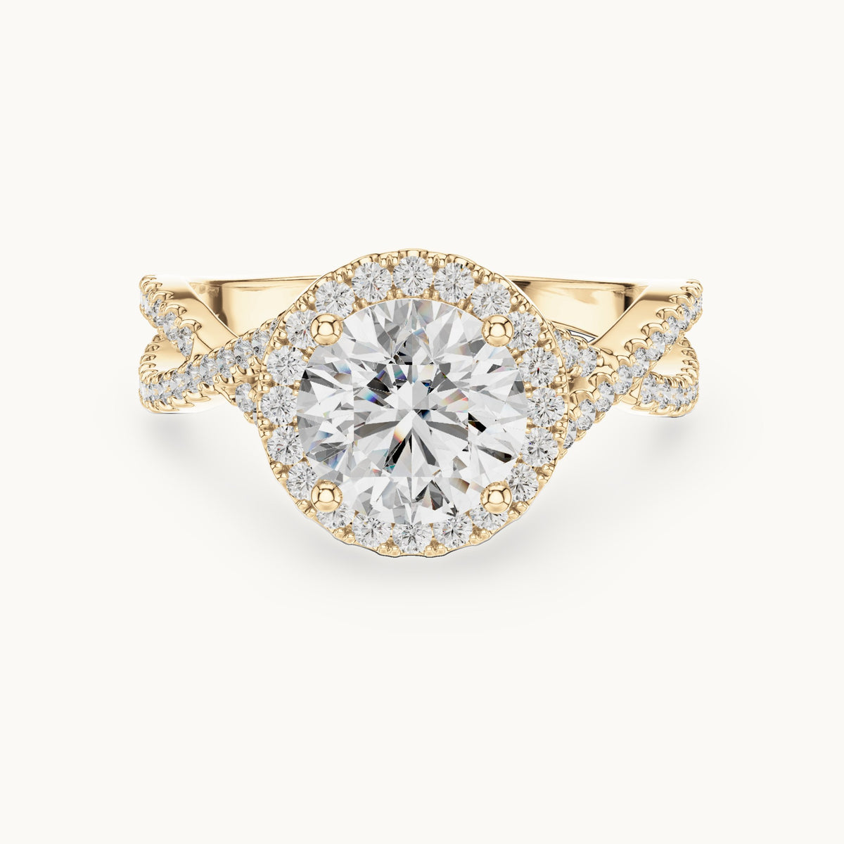 Round lab-grown diamond twisted split shank halo engagement ring in yellow gold, 1.98 CT TW, view 4
