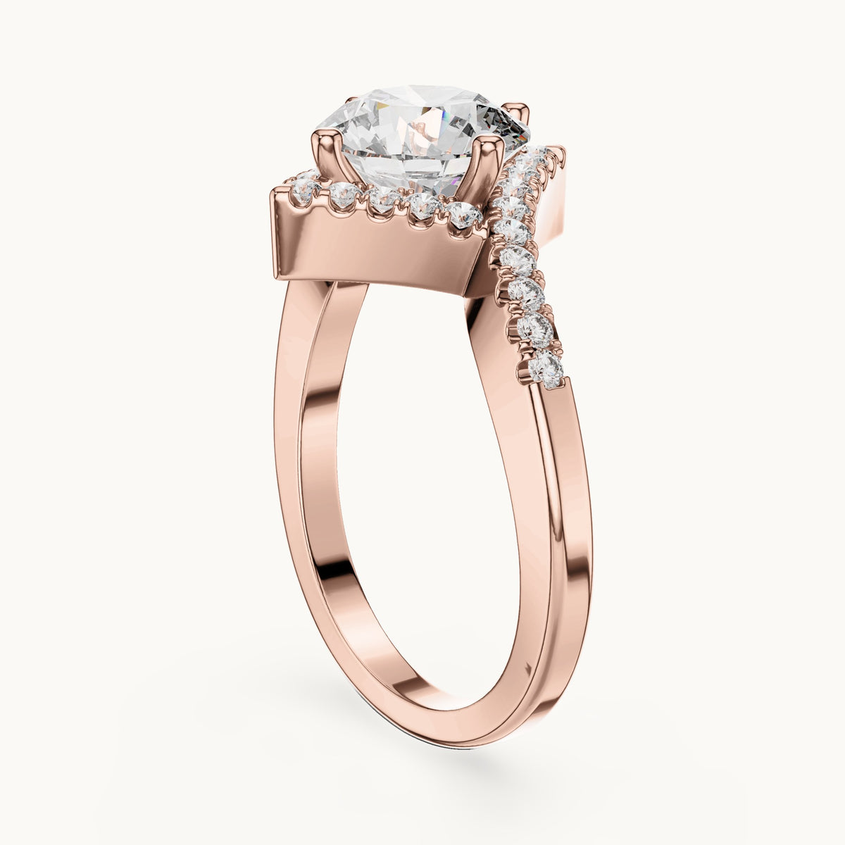 Round lab-grown diamond geometric halo bypass engagement ring in rose gold, 1.78 CT TW, view 1