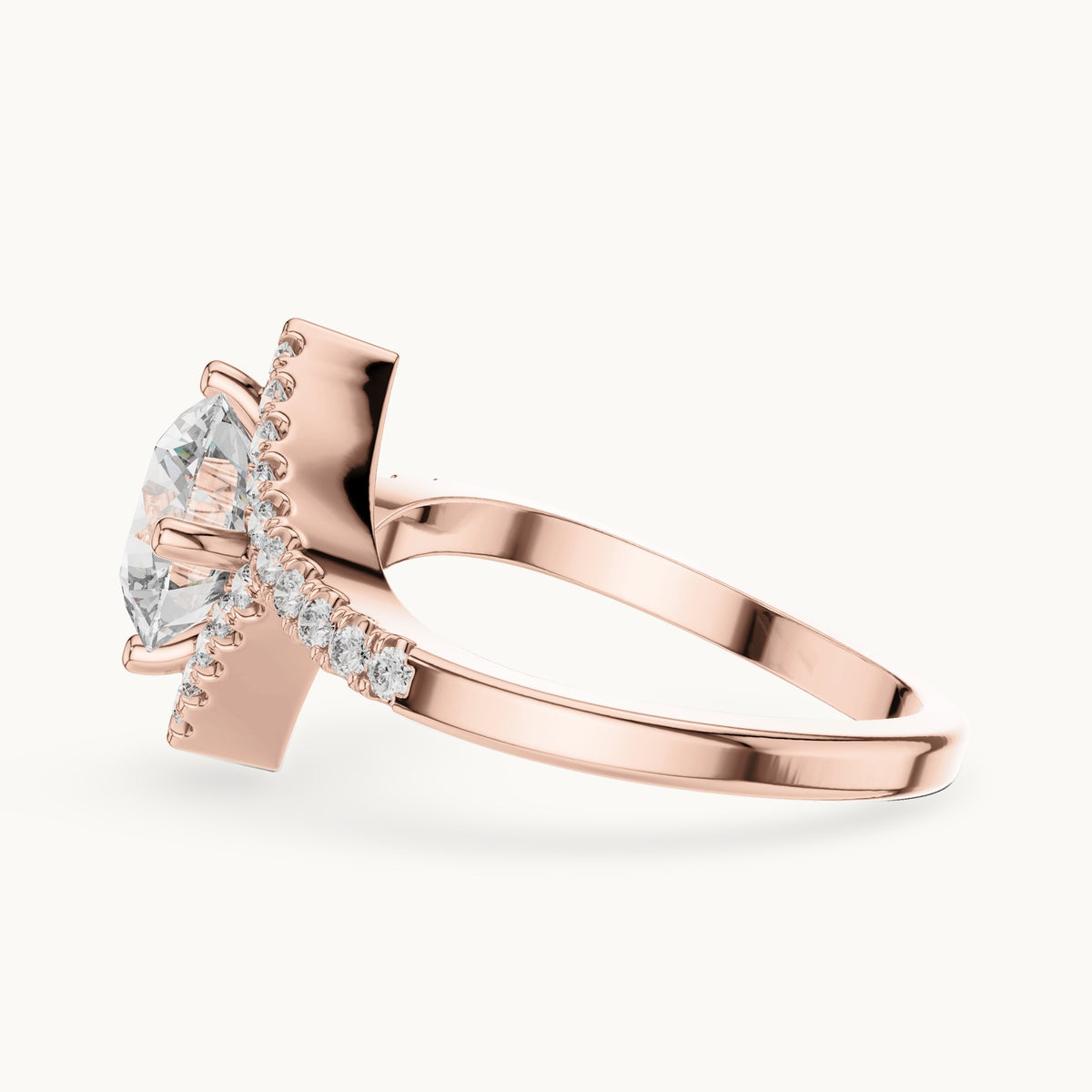 Round lab-grown diamond geometric halo bypass engagement ring in rose gold, 1.78 CT TW, view 3