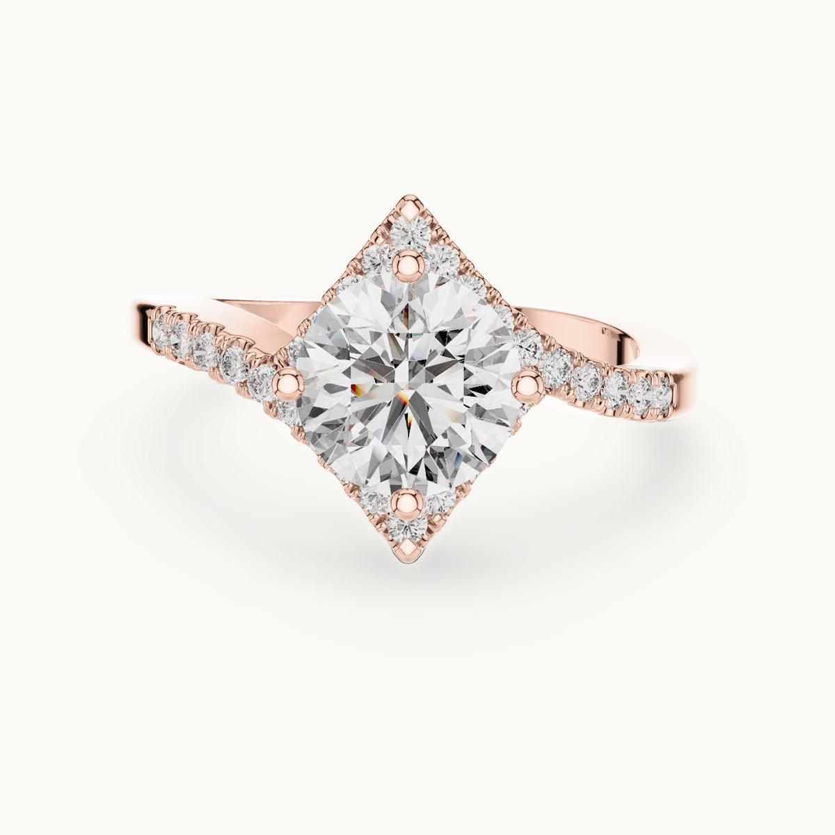 Round lab-grown diamond geometric halo bypass engagement ring in rose gold, 1.78 CT TW, view 4