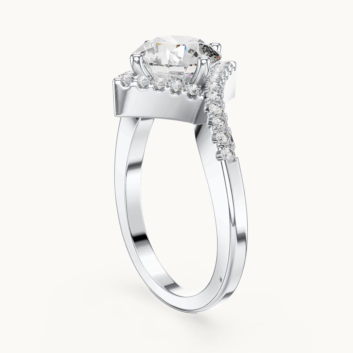 Round lab-grown diamond geometric halo bypass engagement ring in white gold, 1.78 CT TW, view 1