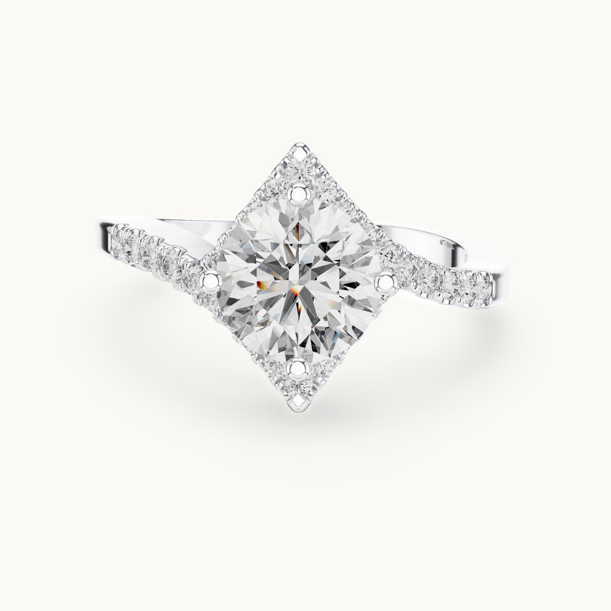Round lab-grown diamond geometric halo bypass engagement ring in white gold, 1.78 CT TW, view 4