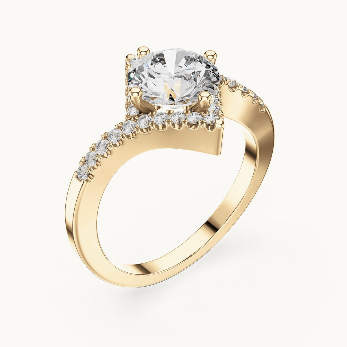 Round lab-grown diamond geometric halo bypass engagement ring in yellow gold, 1.78 CT TW, view 2