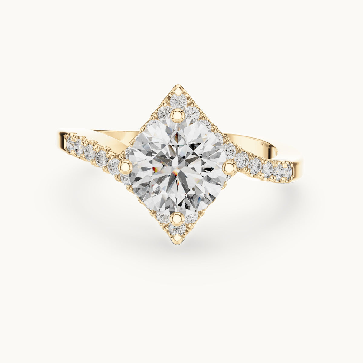 Round lab-grown diamond geometric halo bypass engagement ring in yellow gold, 1.78 CT TW, view 4
