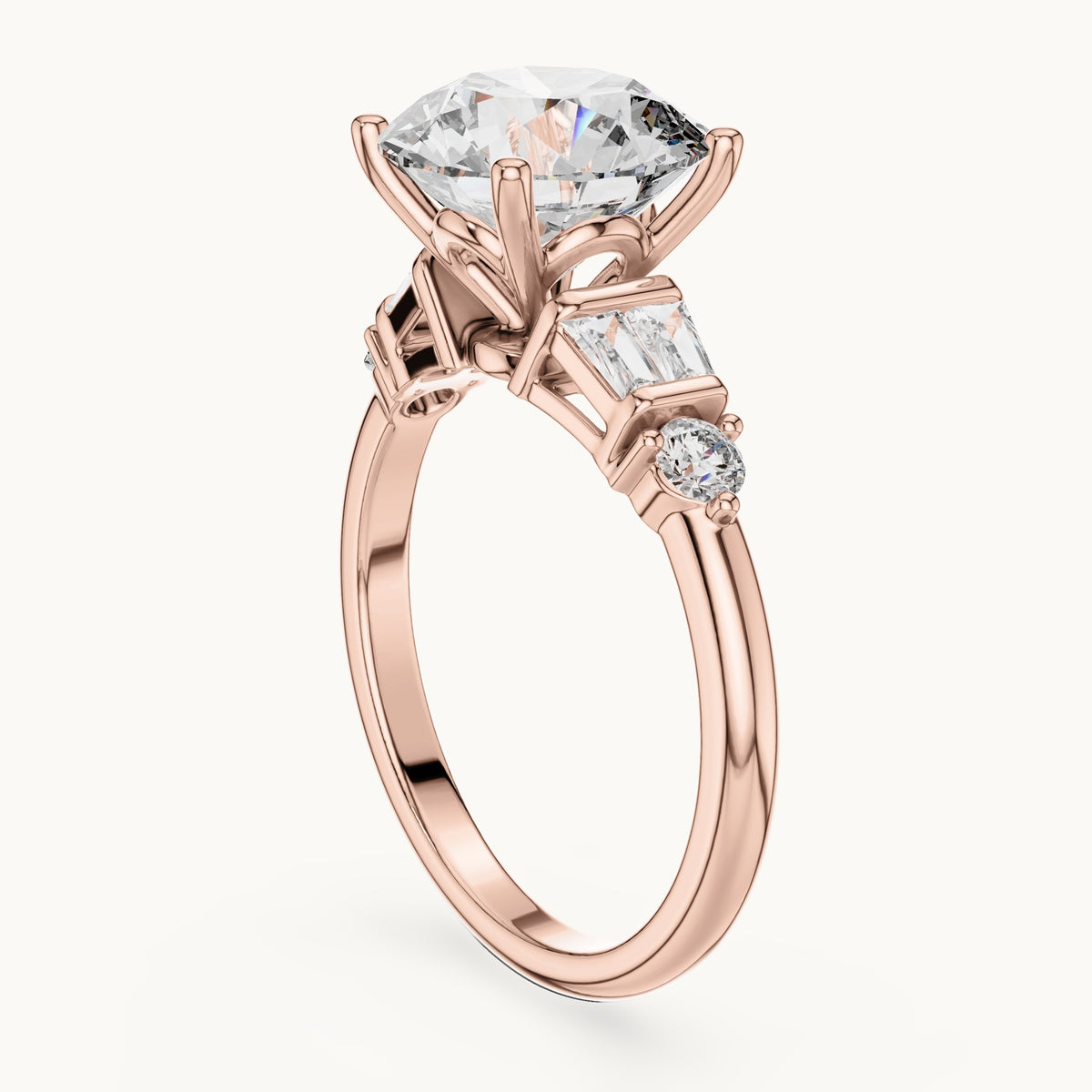 Round and baguette lab-grown diamond engagement ring with baguette side stones in rose gold, 3.15 CT TW, view 1