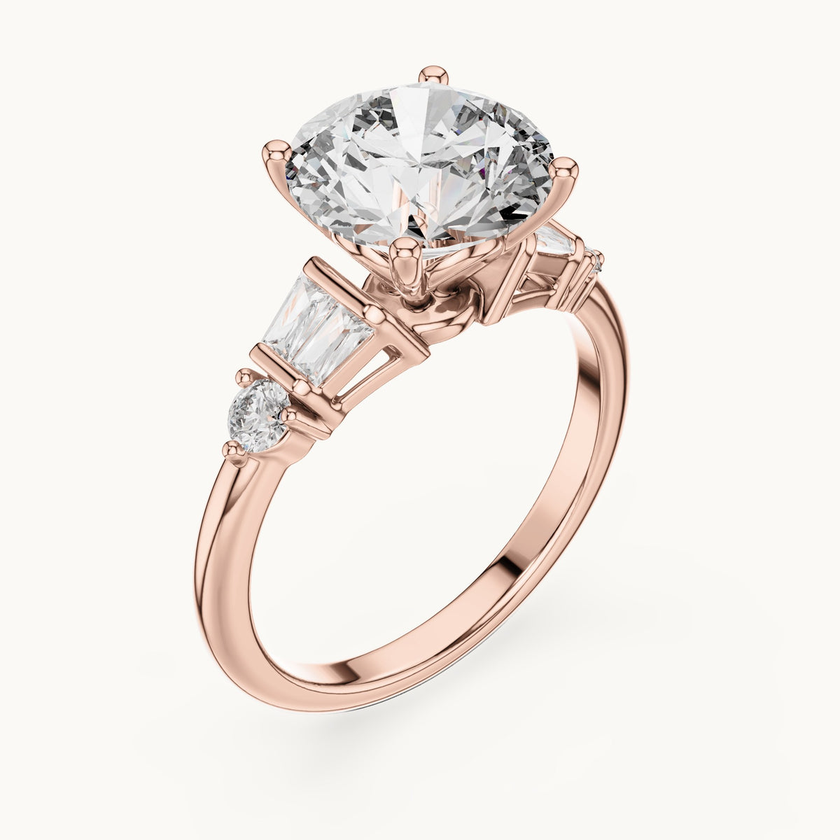 Round and baguette lab-grown diamond engagement ring with baguette side stones in rose gold, 3.15 CT TW, view 2