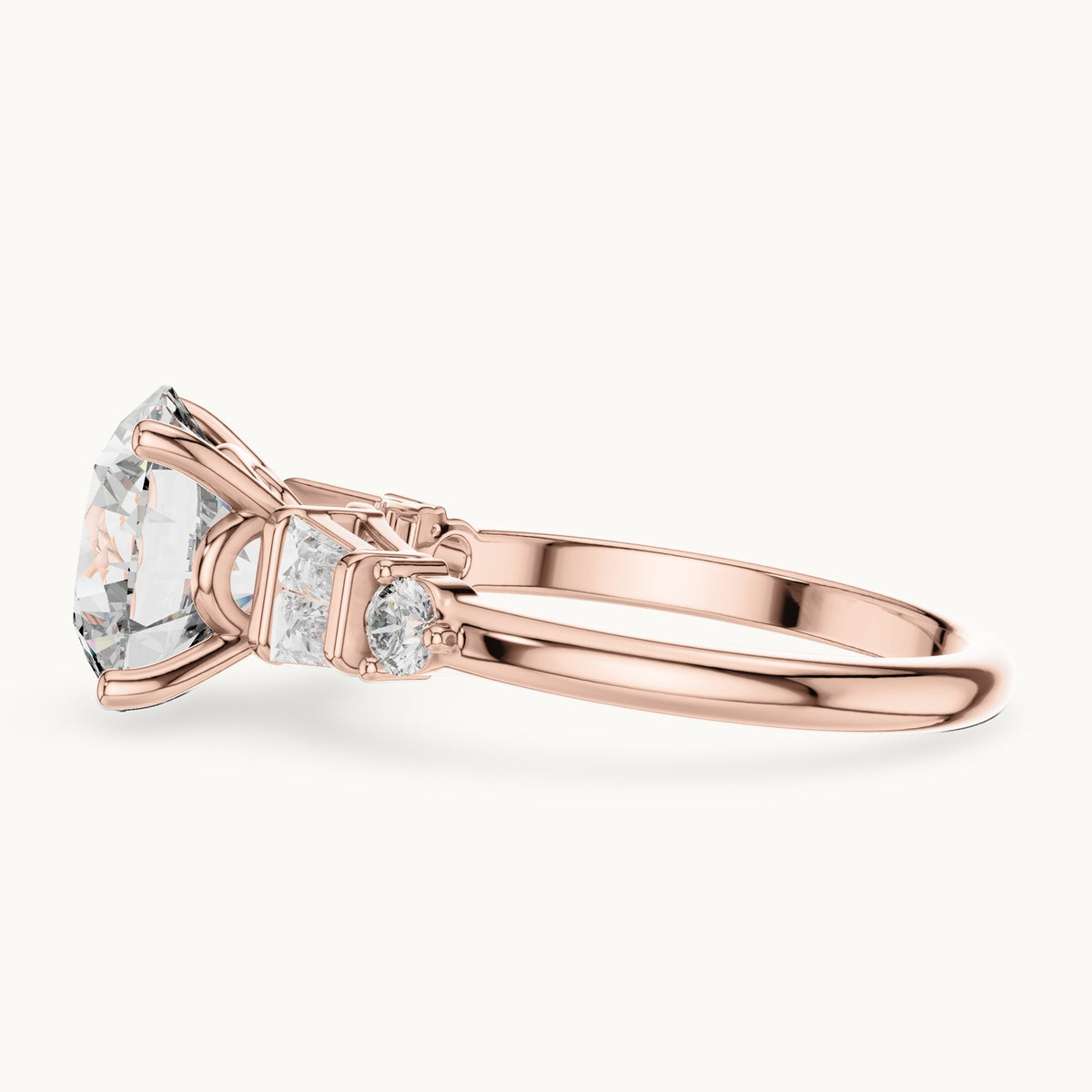 Round and baguette lab-grown diamond engagement ring with baguette side stones in rose gold, 3.15 CT TW, view 3