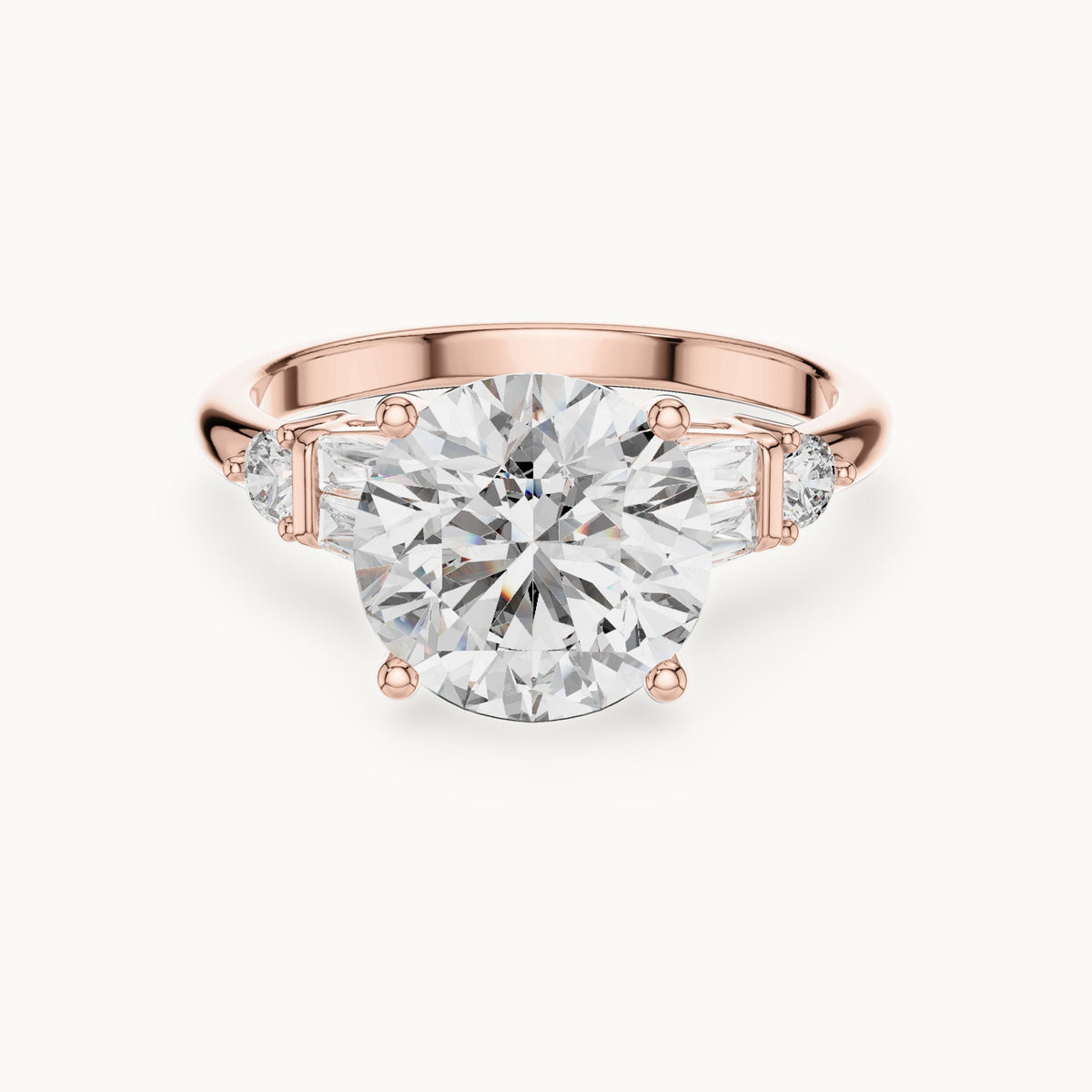 Round and baguette lab-grown diamond engagement ring with baguette side stones in rose gold, 3.15 CT TW, view 4