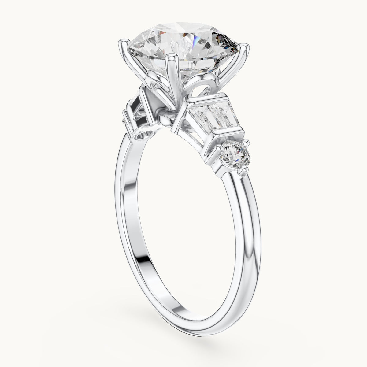 Round and baguette lab-grown diamond engagement ring with baguette side stones in white gold, 3.15 CT TW, view 1