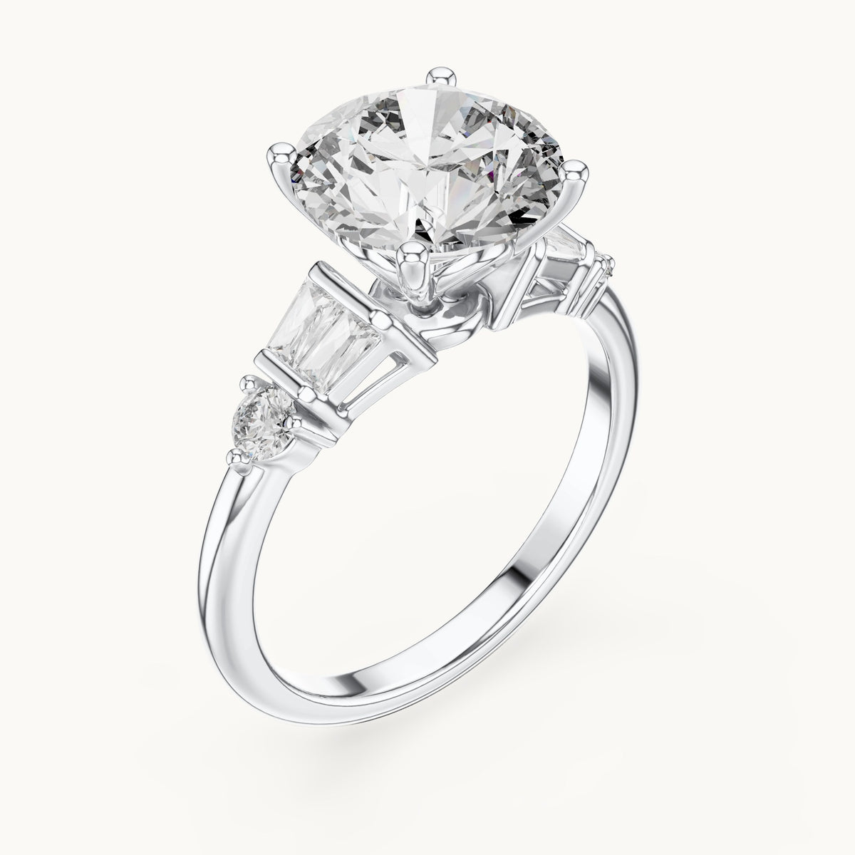 Round and baguette lab-grown diamond engagement ring with baguette side stones in white gold, 3.15 CT TW, view 2