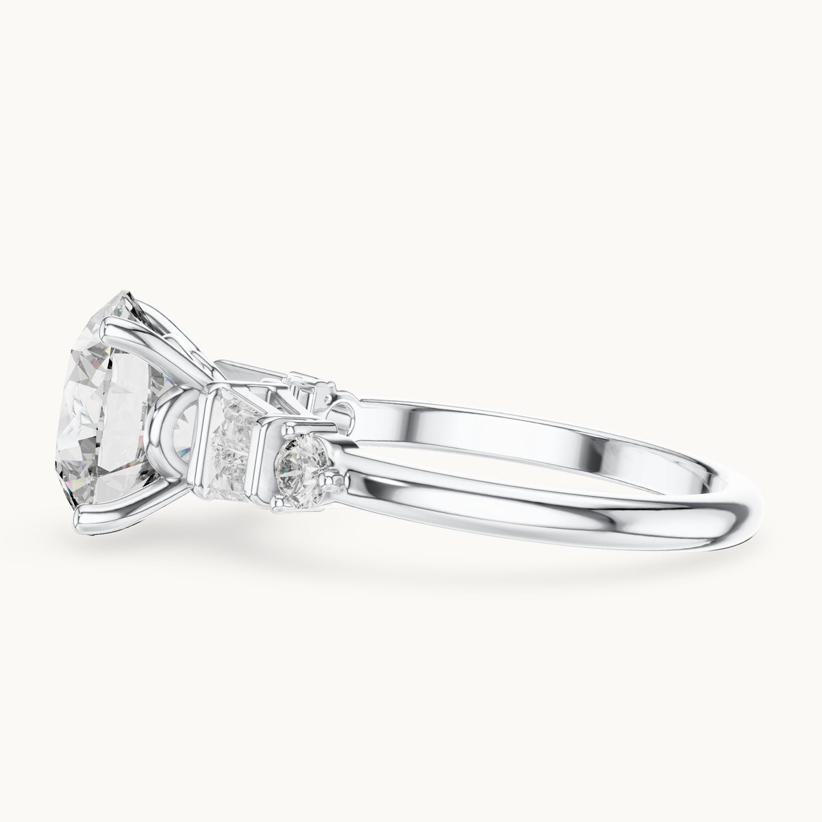 Round and baguette lab-grown diamond engagement ring with baguette side stones in white gold, 3.15 CT TW, view 3