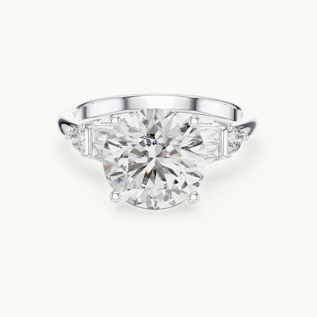 Round and baguette lab-grown diamond engagement ring with baguette side stones in white gold, 3.15 CT TW, view 4