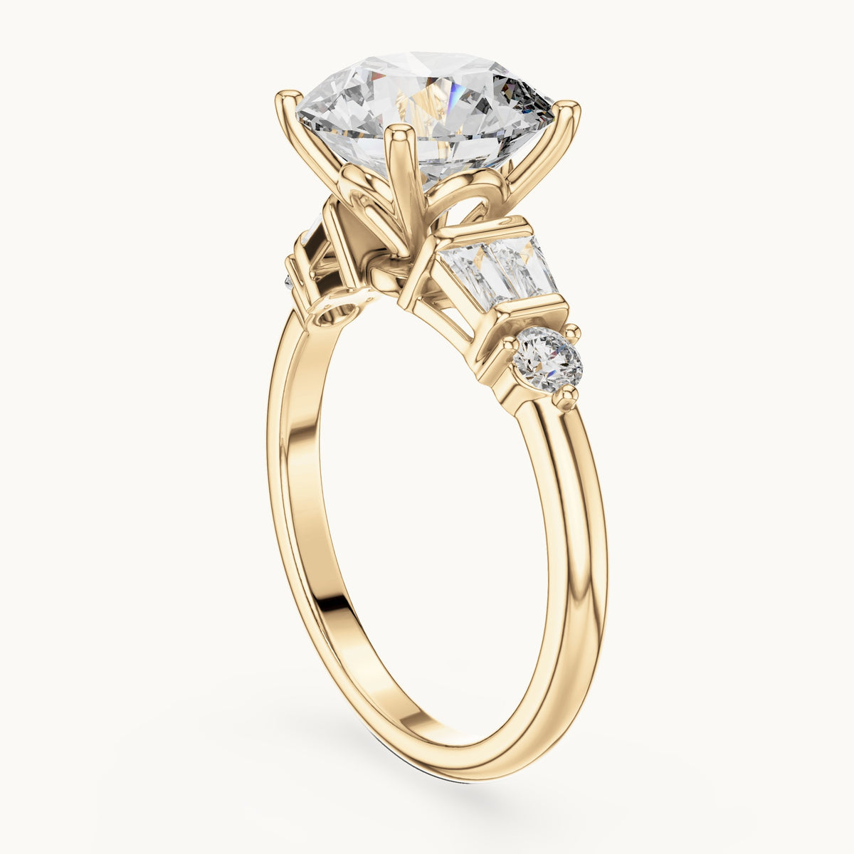 Round and baguette lab-grown diamond engagement ring with baguette side stones in yellow gold, 3.15 CT TW, view 1