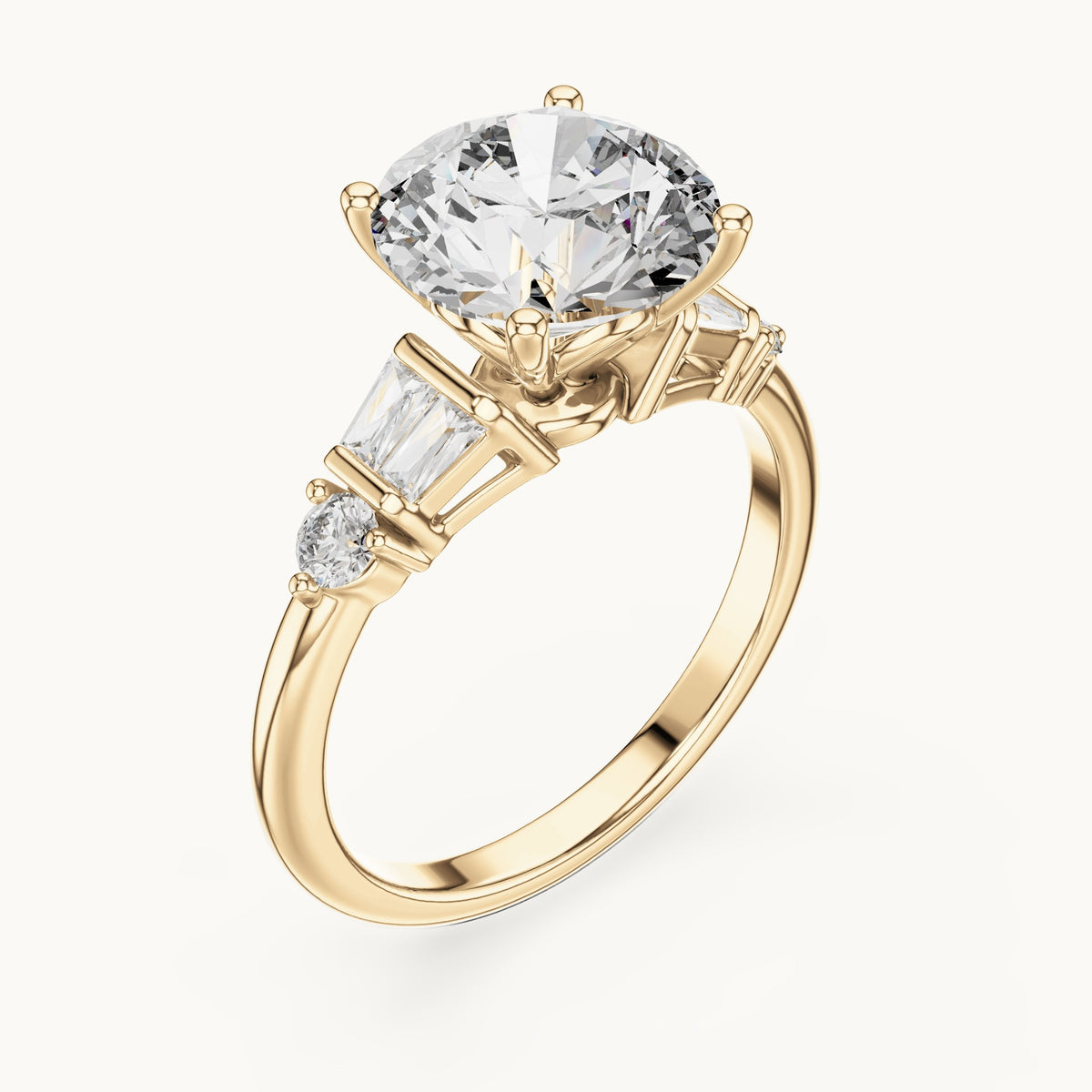 Round and baguette lab-grown diamond engagement ring with baguette side stones in yellow gold, 3.15 CT TW, view 2