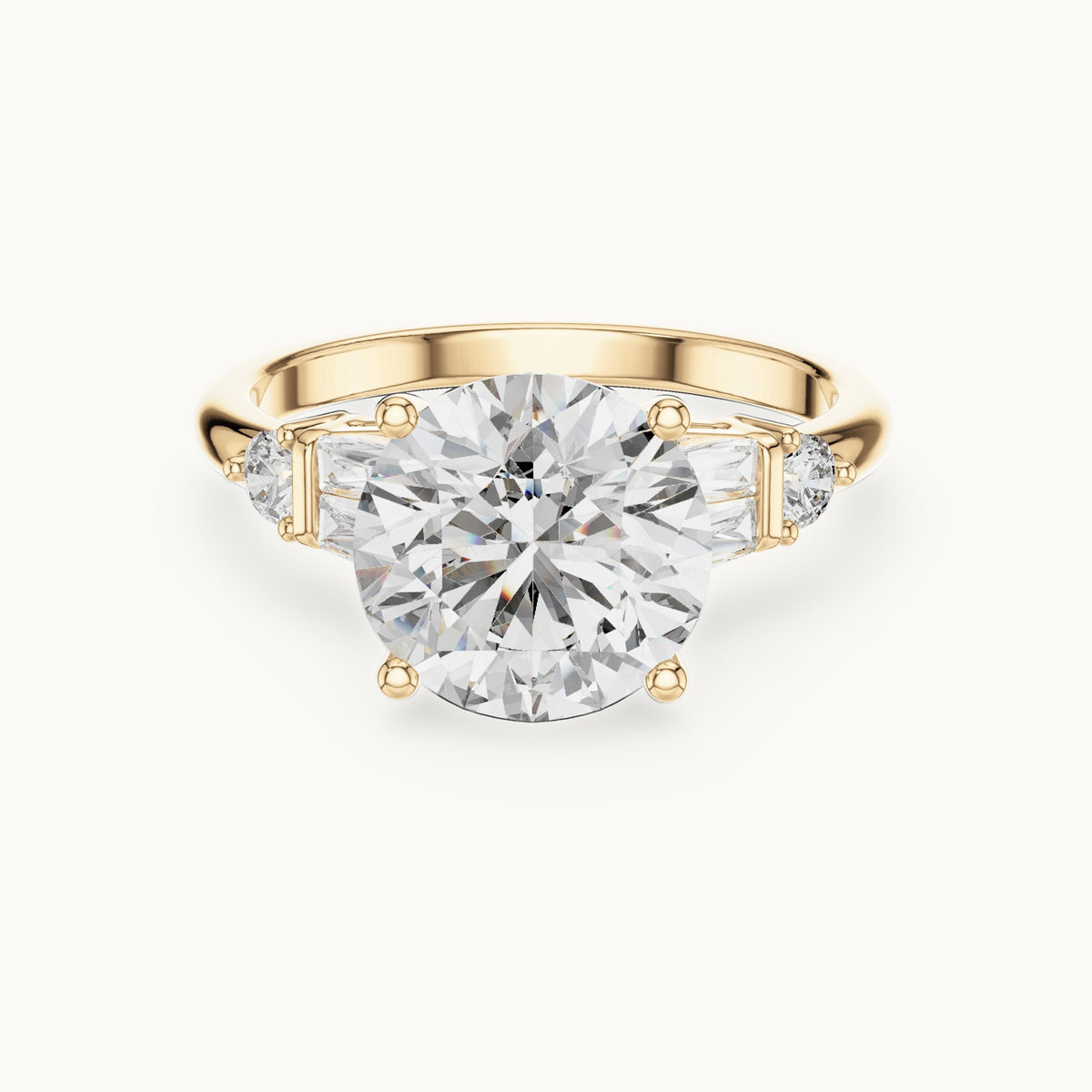 Round and baguette lab-grown diamond engagement ring with baguette side stones in yellow gold, 3.15 CT TW, view 4