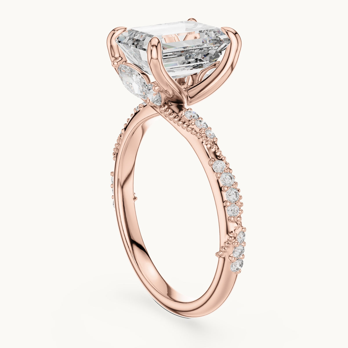 Emerald-cut, round and marquise lab-grown diamond twisted pavé engagement ring with marquise accents in rose gold, 2.83 CT TW, view 1