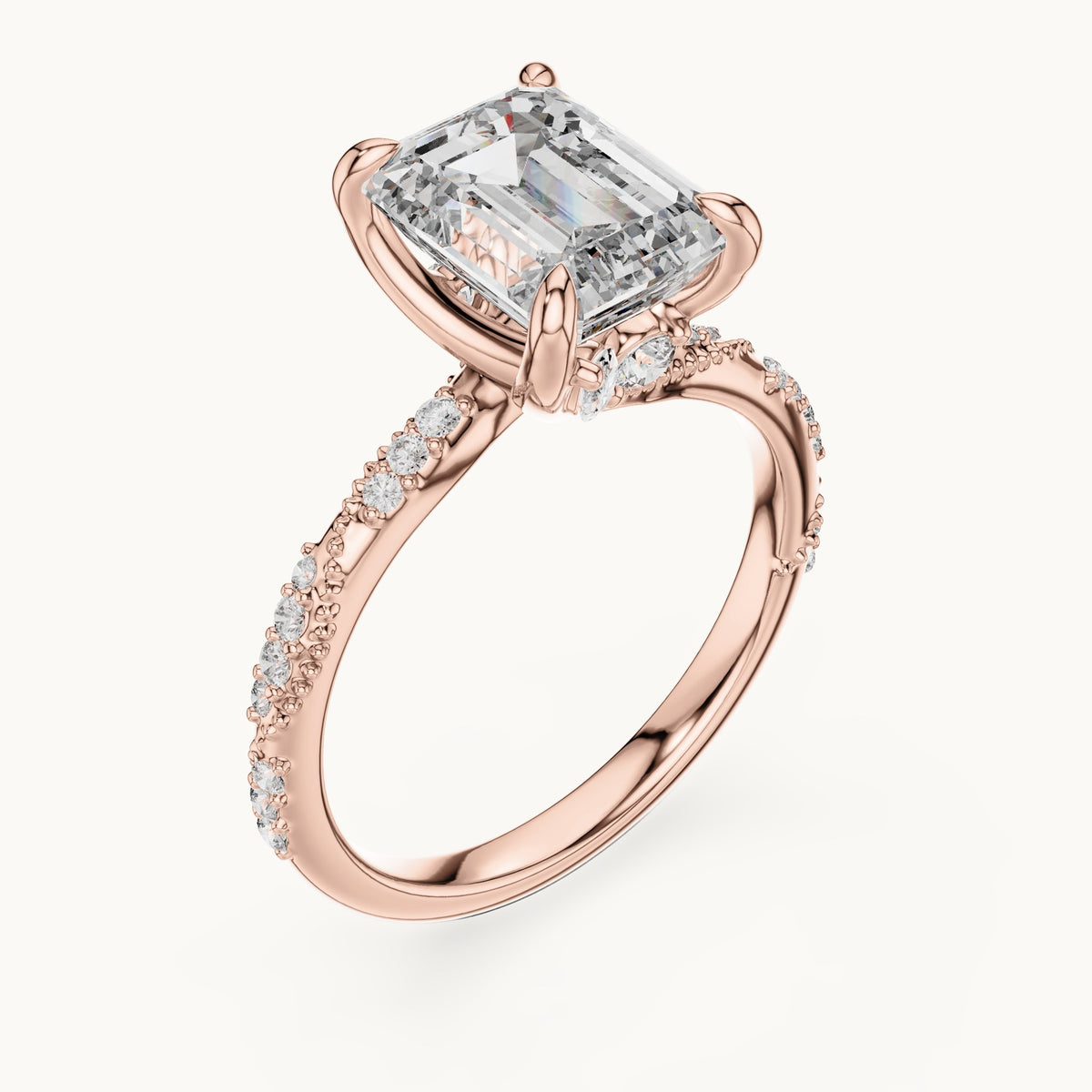 Emerald-cut, round and marquise lab-grown diamond twisted pavé engagement ring with marquise accents in rose gold, 2.83 CT TW, view 2