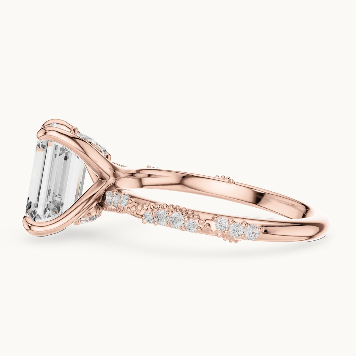 Emerald-cut, round and marquise lab-grown diamond twisted pavé engagement ring with marquise accents in rose gold, 2.83 CT TW, view 3