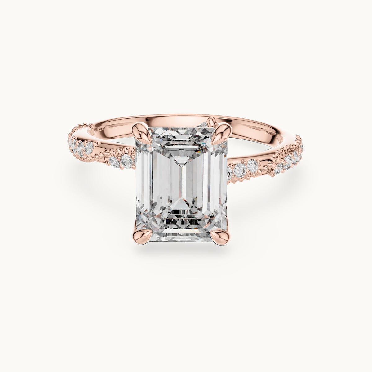 Emerald-cut, round and marquise lab-grown diamond twisted pavé engagement ring with marquise accents in rose gold, 2.83 CT TW, view 4