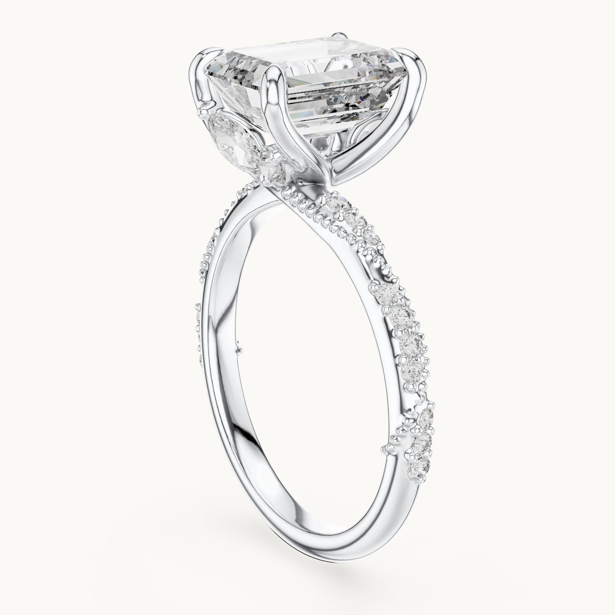 Emerald-cut, round and marquise lab-grown diamond twisted pavé engagement ring with marquise accents in white gold, 2.83 CT TW, view 1