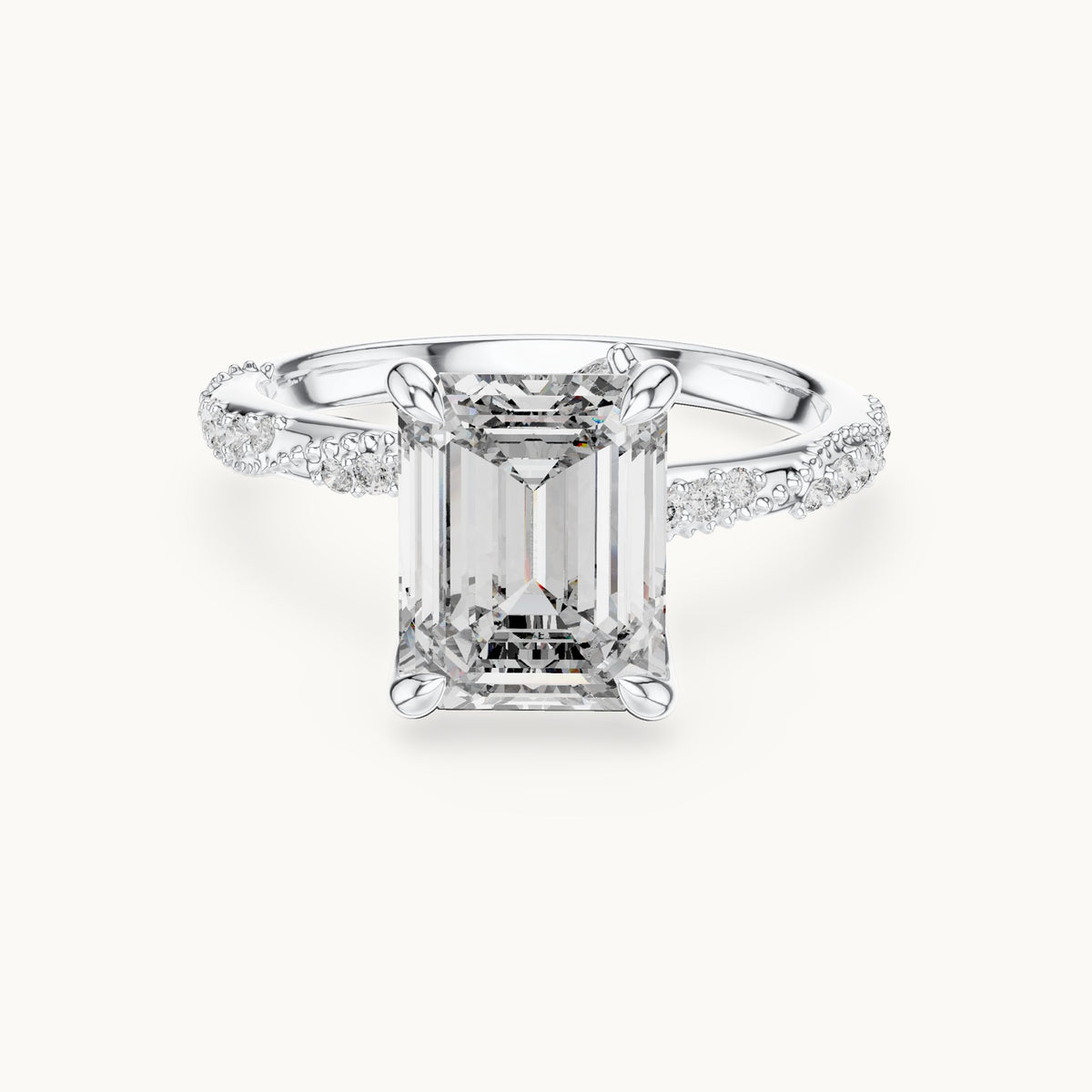 Emerald-cut, round and marquise lab-grown diamond twisted pavé engagement ring with marquise accents in white gold, 2.83 CT TW, view 4