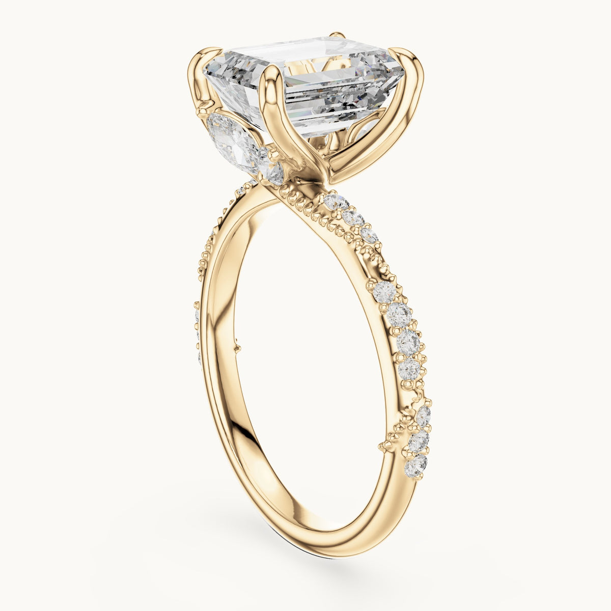Emerald-cut, round and marquise lab-grown diamond twisted pavé engagement ring with marquise accents in yellow gold, 2.83 CT TW, view 1