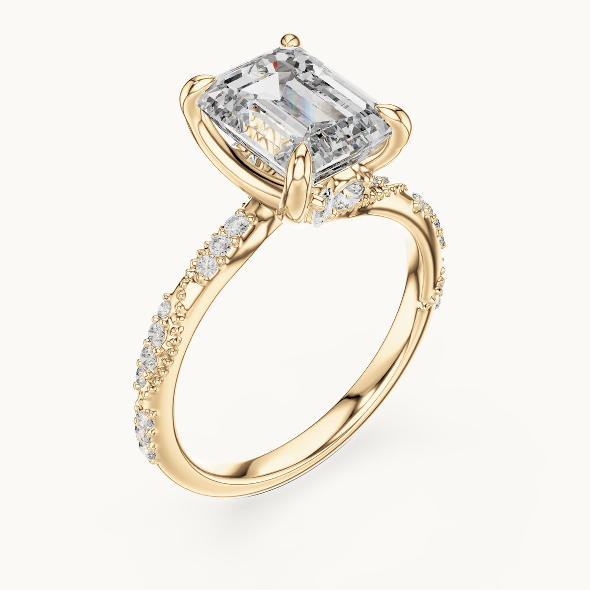 Emerald-cut, round and marquise lab-grown diamond twisted pavé engagement ring with marquise accents in yellow gold, 2.83 CT TW, view 2