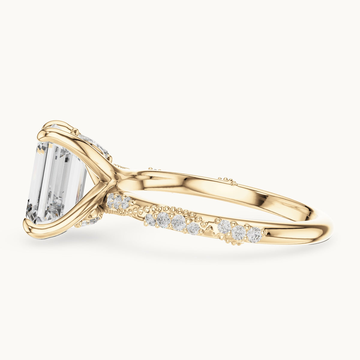 Emerald-cut, round and marquise lab-grown diamond twisted pavé engagement ring with marquise accents in yellow gold, 2.83 CT TW, view 3