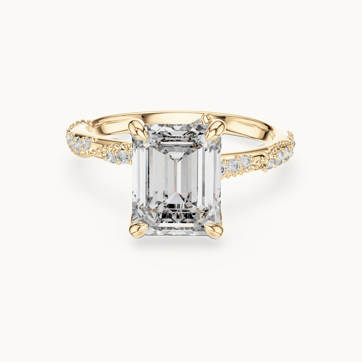 Emerald-cut, round and marquise lab-grown diamond twisted pavé engagement ring with marquise accents in yellow gold, 2.83 CT TW, view 4