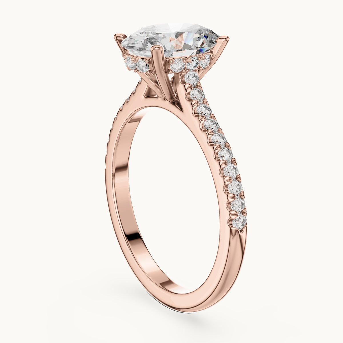 Oval and round lab-grown diamond cathedral pavé engagement ring in rose gold, 2.296 CT TW, view 1