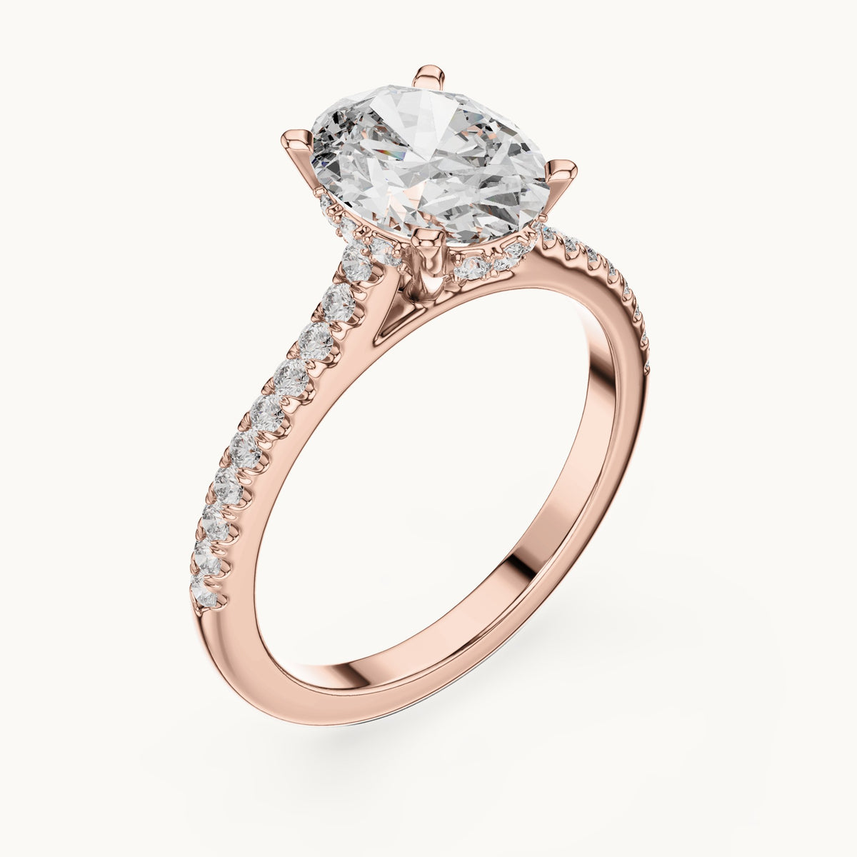 Oval and round lab-grown diamond cathedral pavé engagement ring in rose gold, 2.296 CT TW, view 2