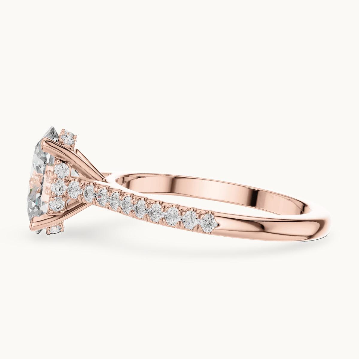 Oval and round lab-grown diamond cathedral pavé engagement ring in rose gold, 2.296 CT TW, view 3