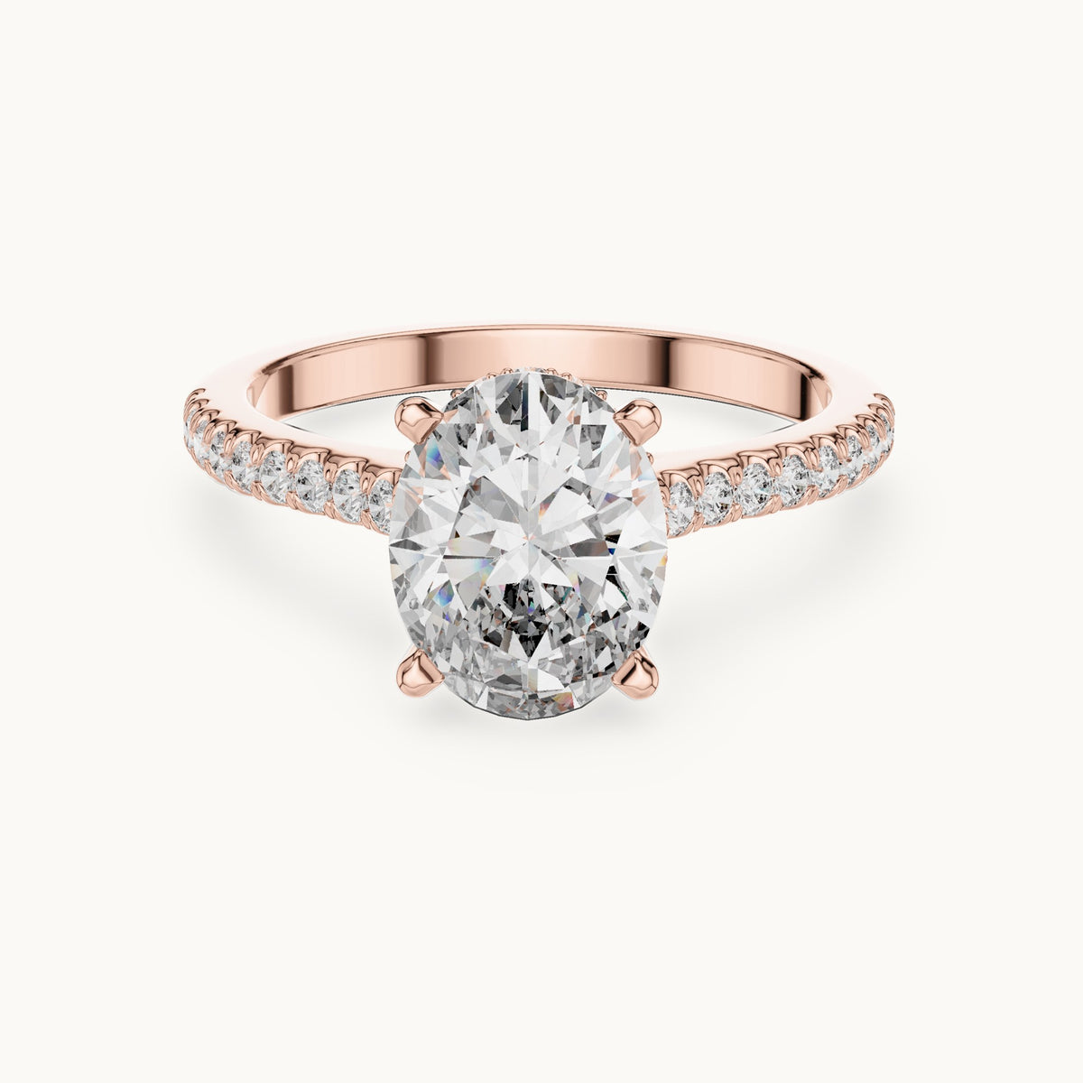 Oval and round lab-grown diamond cathedral pavé engagement ring in rose gold, 2.296 CT TW, view 4