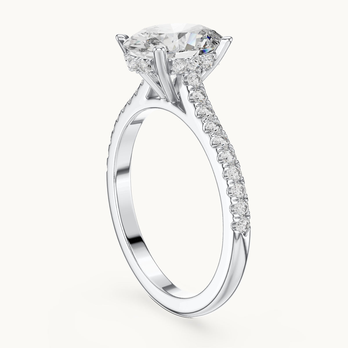 Oval and round lab-grown diamond cathedral pavé engagement ring in white gold, 2.296 CT TW, view 1