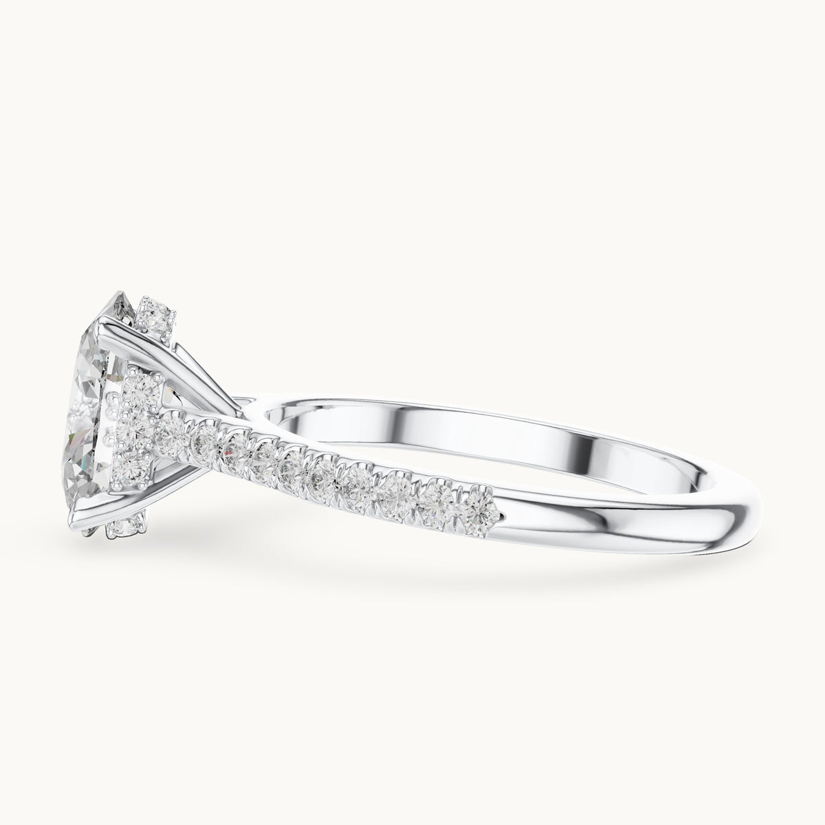 Oval and round lab-grown diamond cathedral pavé engagement ring in white gold, 2.296 CT TW, view 3