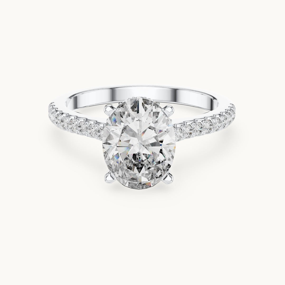 Oval and round lab-grown diamond cathedral pavé engagement ring in white gold, 2.296 CT TW, view 4