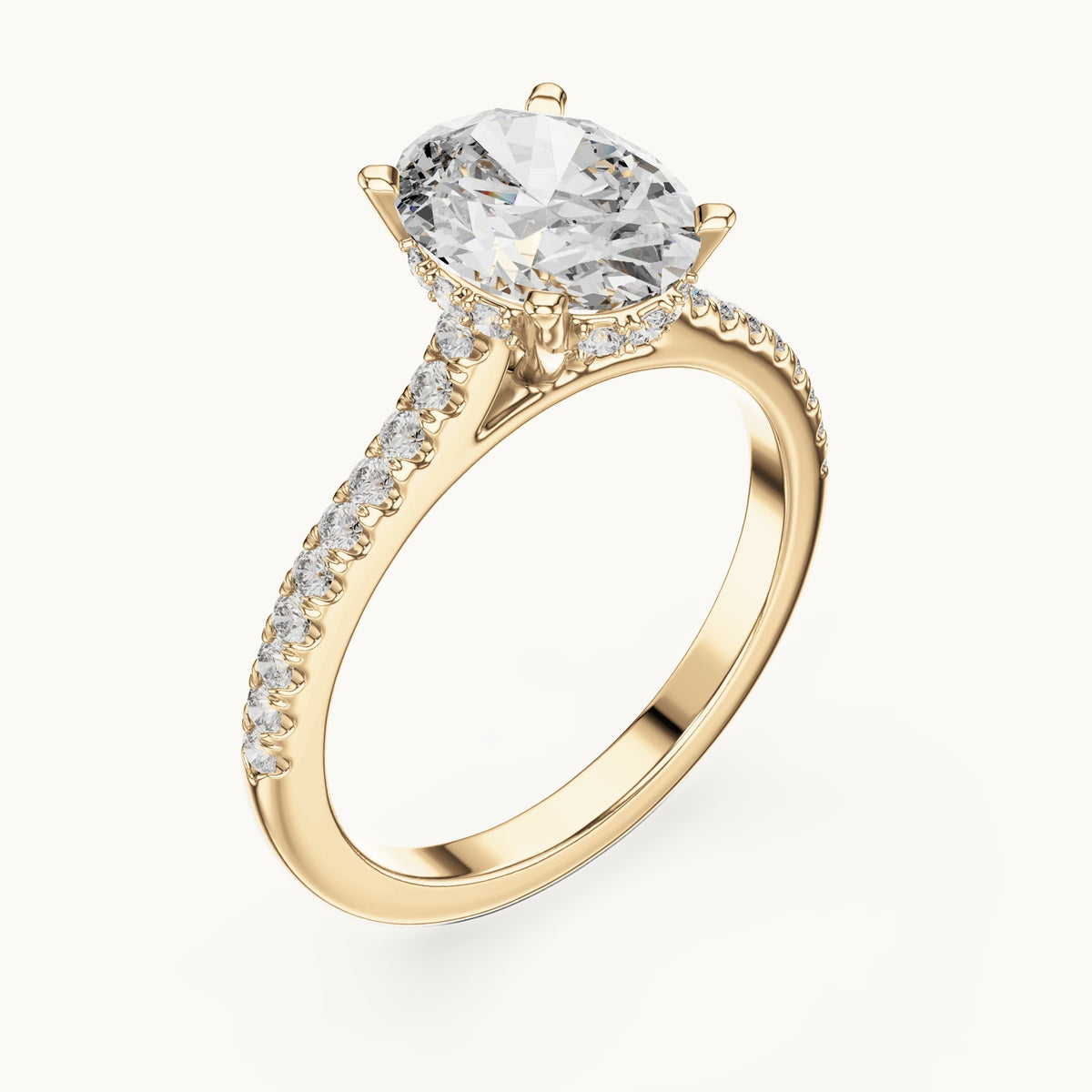 Oval and round lab-grown diamond cathedral pavé engagement ring in yellow gold, 2.296 CT TW, view 2