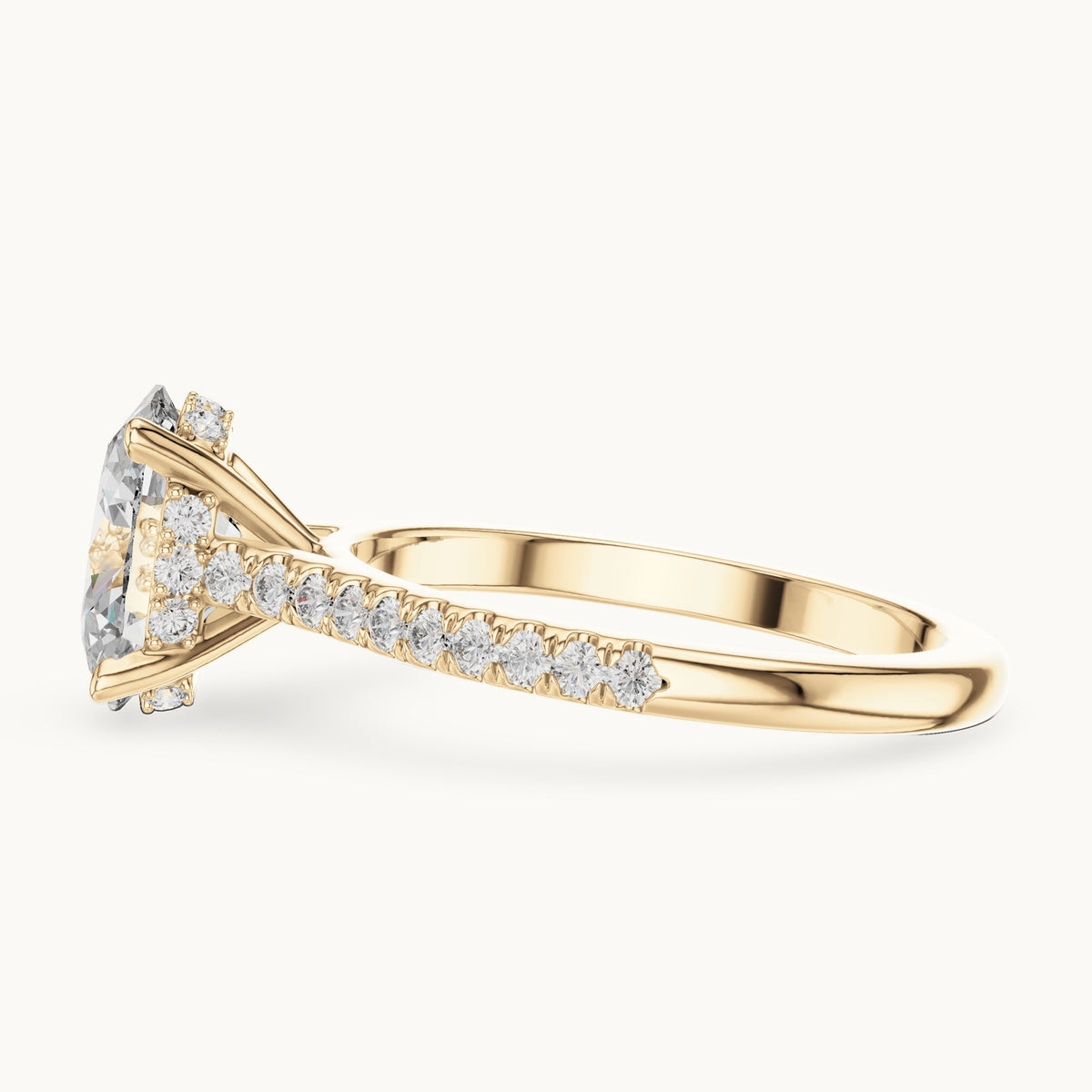 Oval and round lab-grown diamond cathedral pavé engagement ring in yellow gold, 2.296 CT TW, view 3