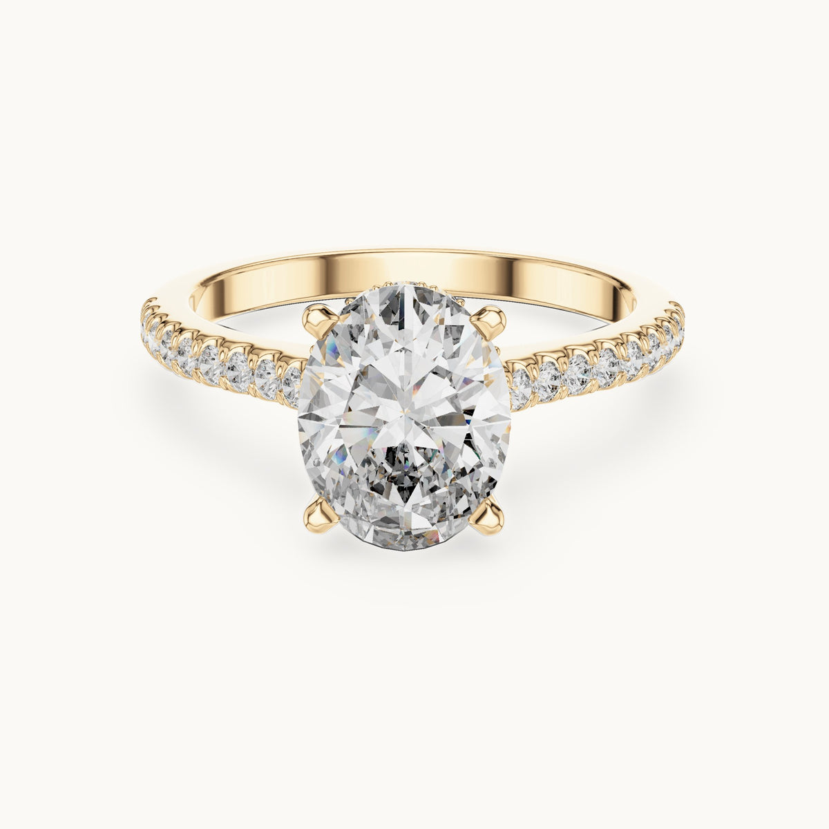 Oval and round lab-grown diamond cathedral pavé engagement ring in yellow gold, 2.296 CT TW, view 4