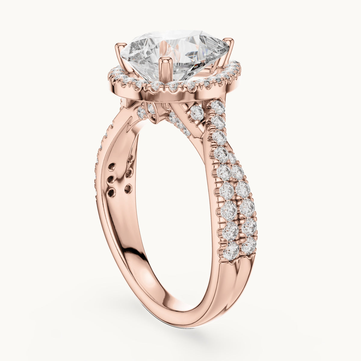 Pear and round lab-grown diamond twisted halo engagement ring in rose gold, 3.16 CT TW, view 1