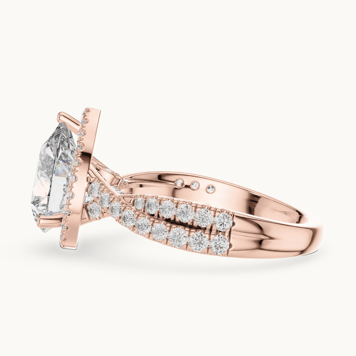 Pear and round lab-grown diamond twisted halo engagement ring in rose gold, 3.16 CT TW, view 3