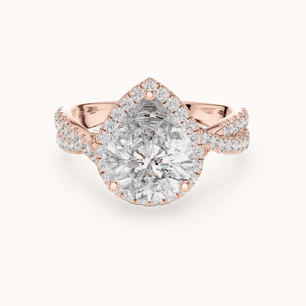 Pear and round lab-grown diamond twisted halo engagement ring in rose gold, 3.16 CT TW, view 4