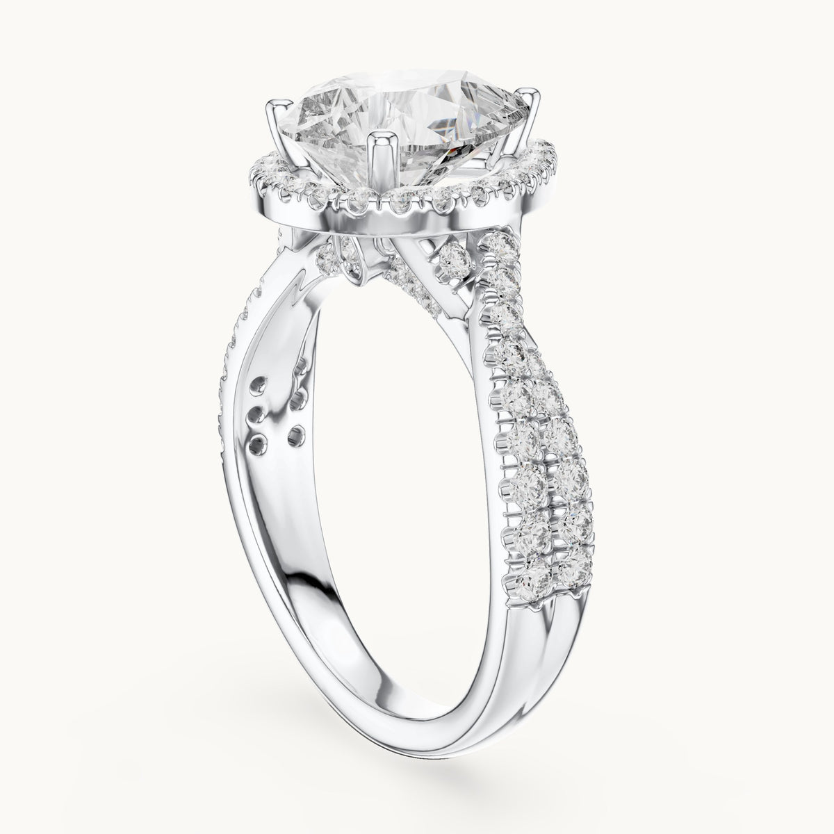 Pear and round lab-grown diamond twisted halo engagement ring in white gold, 3.16 CT TW, view 1